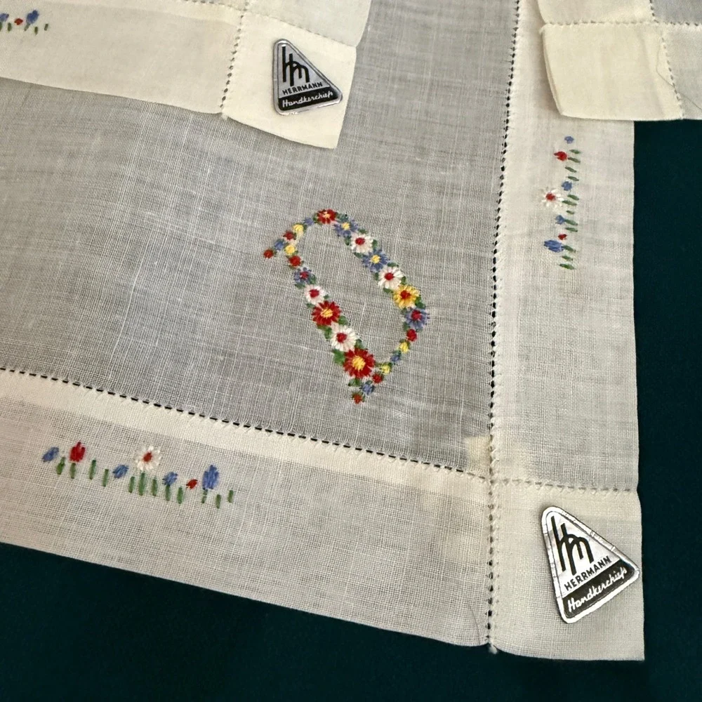 Vintage Herrmann‎ Handkerchiefs Embroidered Floral Monogram White Linen Set of 4